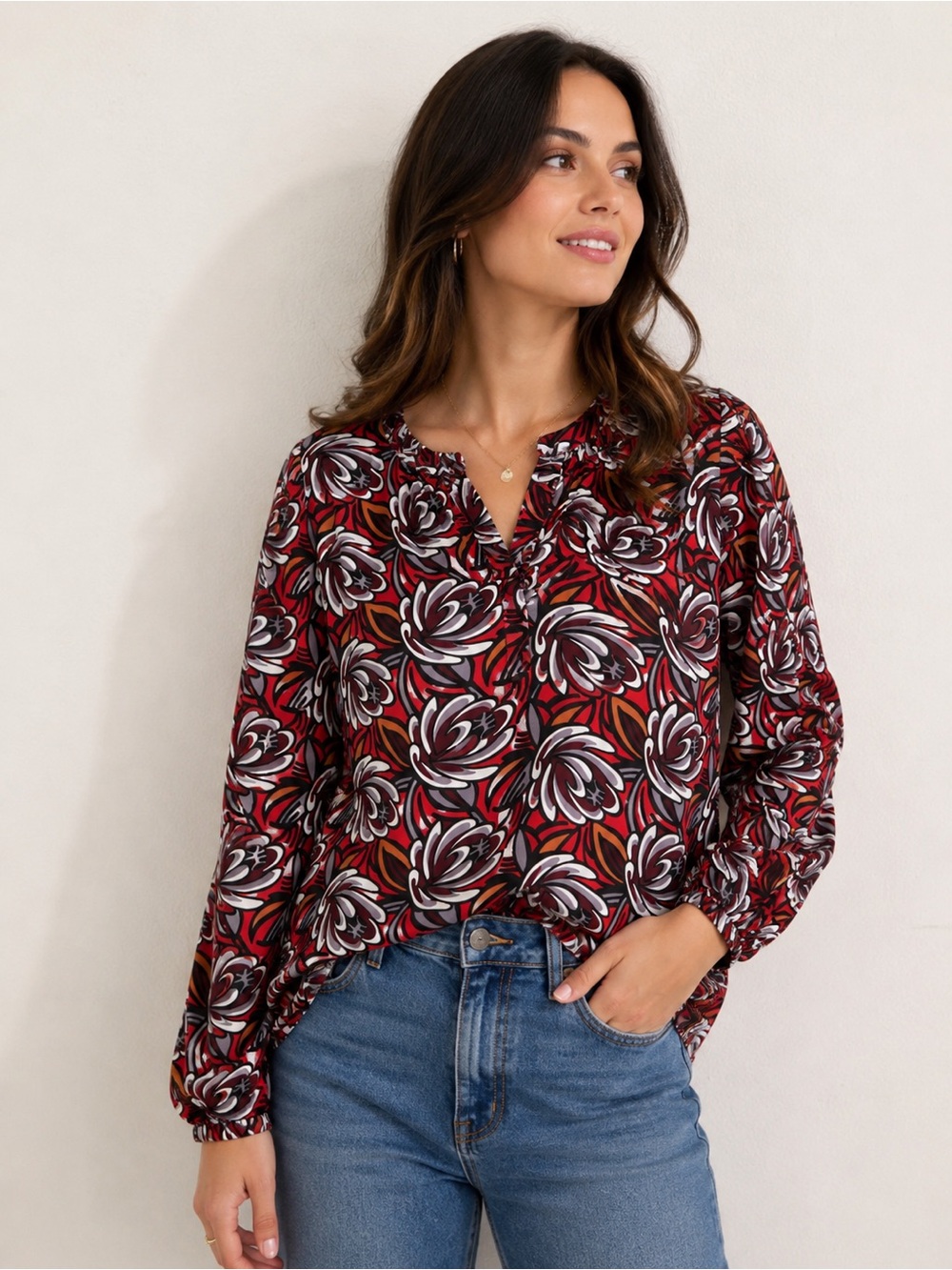 LOFT Multicolor Abstract Floral Red, Orange & Black Blouse